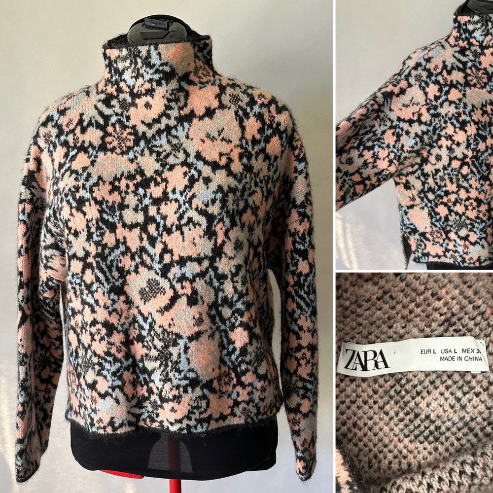 Floral knit mock turtle sweater